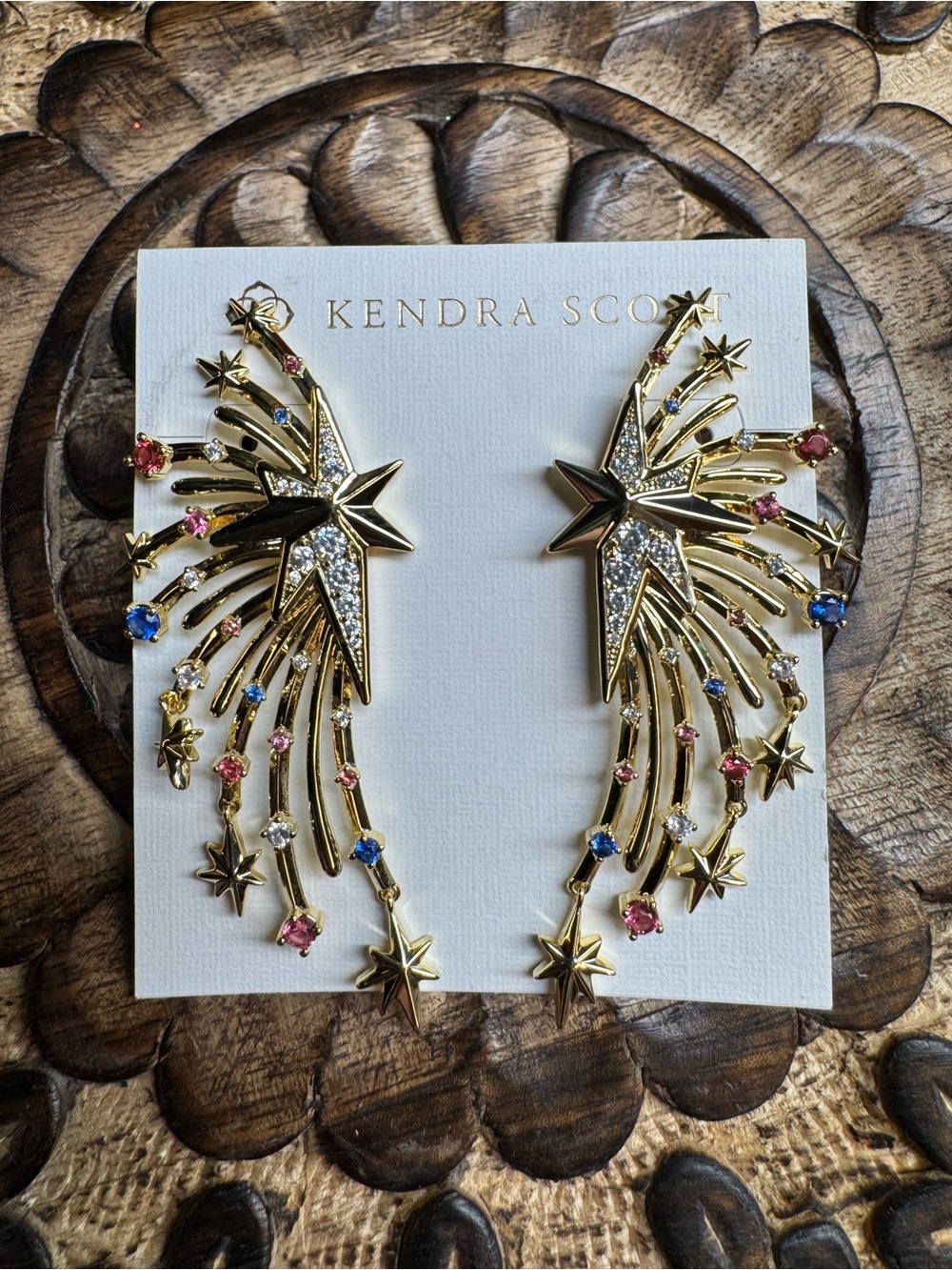 Kendra Scott Gold Firework Earrings with Pink, Blue, and Clear Stones